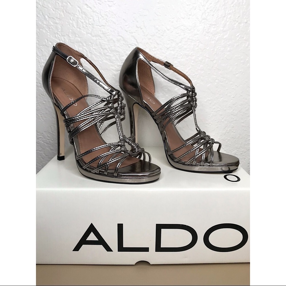 ⛓ALDO⛓ ‘Klaren’ Strappy Heeled Sandals, Pewter ~Size 7.5